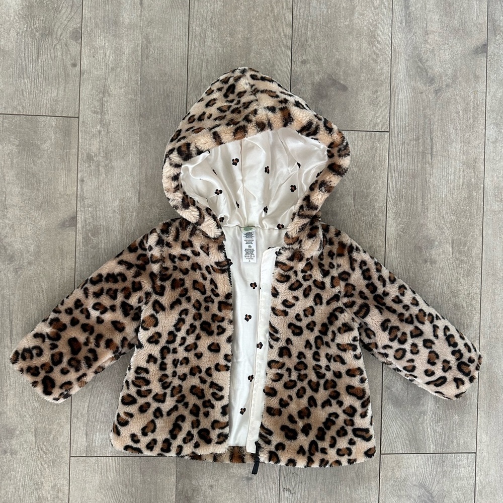 New Little Me Leopard Print Faux Fur Jacket Hoodie Coat Warm Baby Girl Size 18 M - Picture 12 of 16
